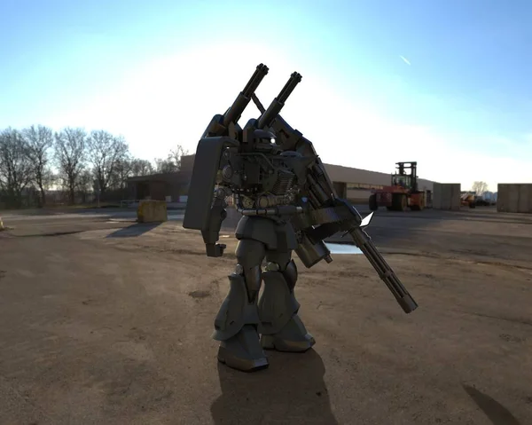 Soldat mécanicien de science-fiction debout sur un fond de paysage. Robot militaire futuriste avec un métal de couleur vert et gris. Mech contrôlé par un pilote. Robot blindé en métal rayé. Bataille de Mech. rendu 3D — Photo