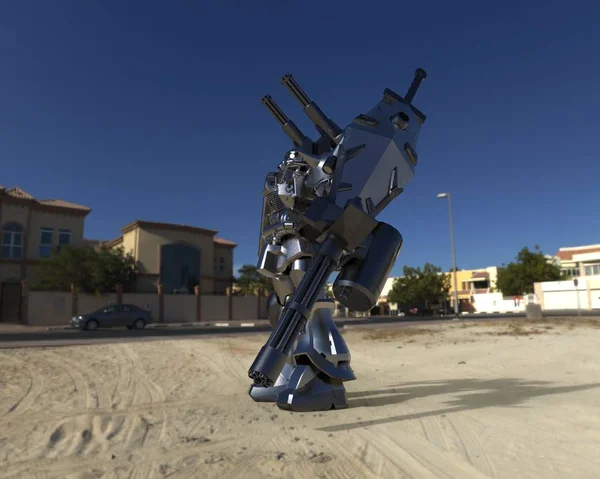 Научно-фантастический механик, стоящий на ландшафтном фоне. Военный футуристический робот с зеленым и серым цветом металла. Мех контролируется пилотом. Царапины из металлических доспехов. Битва мехов. 3D рендеринг — стоковое фото