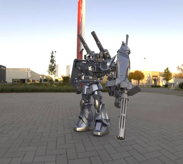 Soldat mécanicien de science-fiction debout sur un fond de paysage. Robot militaire futuriste avec un métal de couleur vert et gris. Mech contrôlé par un pilote. Robot blindé en métal rayé. Bataille de Mech. rendu 3D — Photo