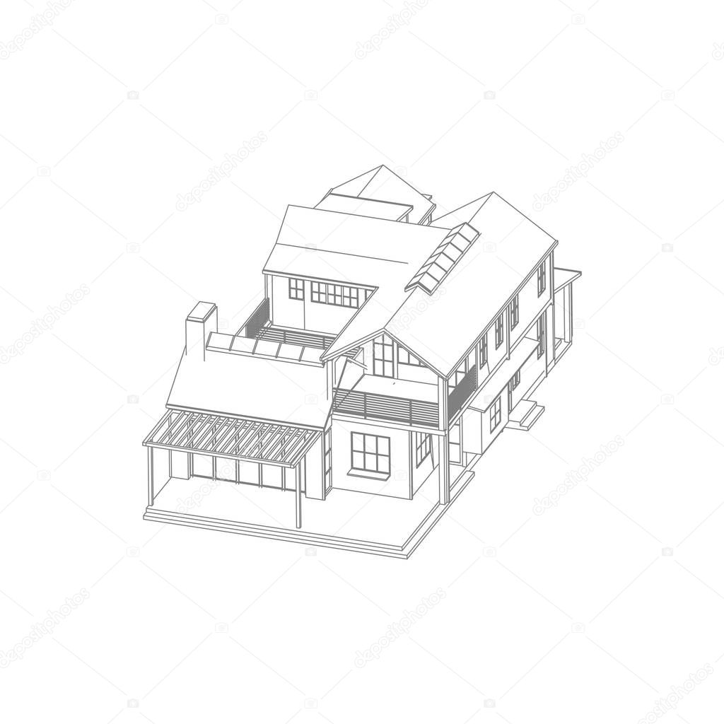 House building architecture concept sketch 3d illustration. modern architecture exterior. architecture abstract.