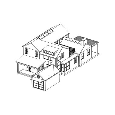 Ev bina mimarisi kavramı kroki 3d illüstrasyon. modern mimari dış. mimari soyut.