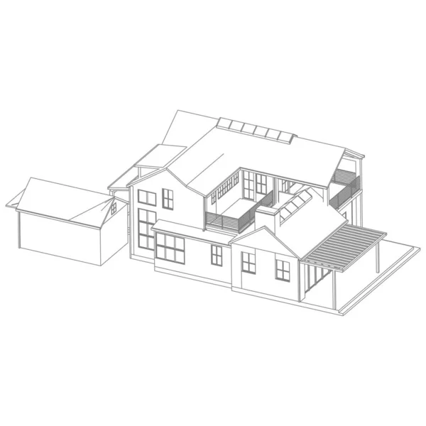 Dom budowanie architektury koncepcji szkic 3D ilustracji. nowoczesną architekturę zewnętrzną. Architektura abstrakcyjna. — Wektor stockowy