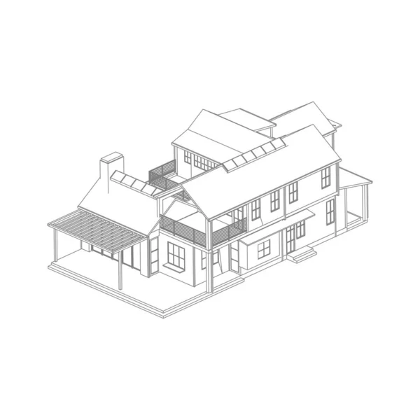 房屋建筑建筑概念草图3D插图。现代建筑外观。建筑摘要. — 图库矢量图片