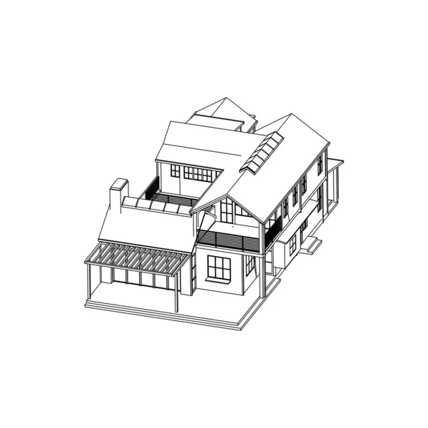 집 건물 건축 개념 스케치 3D 그림입니다. 현대 건축 외관. 아키텍처 추상. — 스톡 벡터
