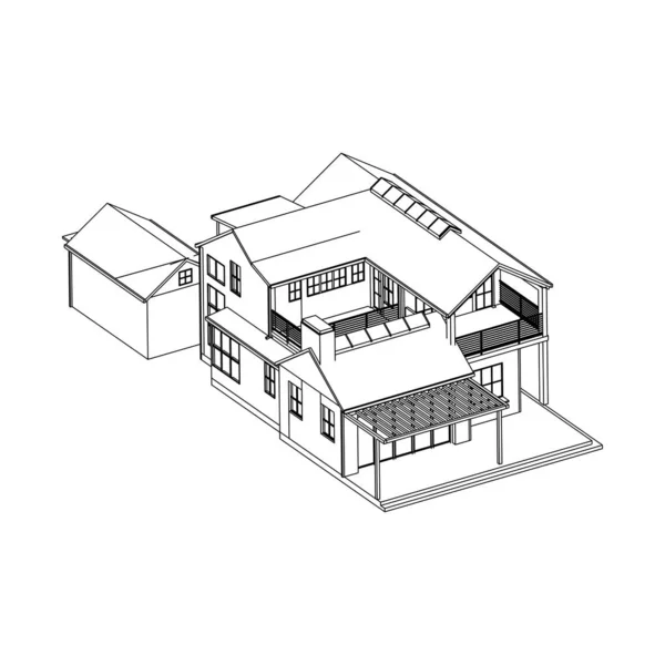 집 건물 건축 개념 스케치 3D 그림입니다. 현대 건축 외관. 아키텍처 추상. — 스톡 벡터