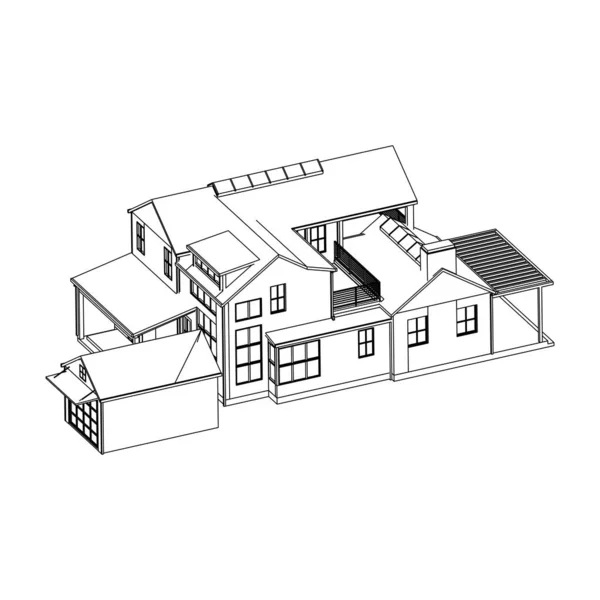 房屋建筑建筑概念草图3D插图。现代建筑外观。建筑摘要. — 图库矢量图片