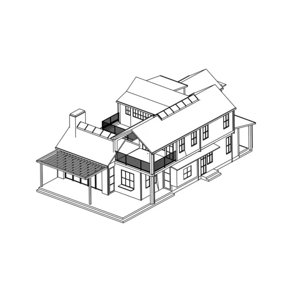 房屋建筑建筑概念草图3D插图。现代建筑外观。建筑摘要. — 图库矢量图片