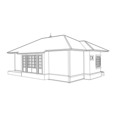 Ev bina mimarisi kavramı kroki 3d illüstrasyon. modern mimari dış. Plan veya Tel çerçeve stili