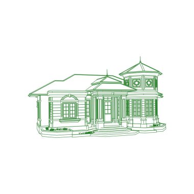 Ev bina mimarisi kavramı kroki 3d illüstrasyon. modern mimari dış. Plan veya Tel çerçeve stili