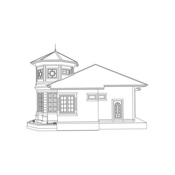 집 건물 건축 개념 스케치 3D 그림입니다. 현대 건축 외관. 청사진 또는 와이어 프레임 스타일 — 스톡 벡터