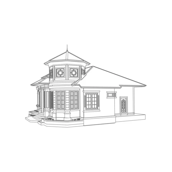 Casa edificio architettura concetto schizzo 3d illustrazione. architettura moderna esterna. Schema o stile Wire-frame — Vettoriale Stock