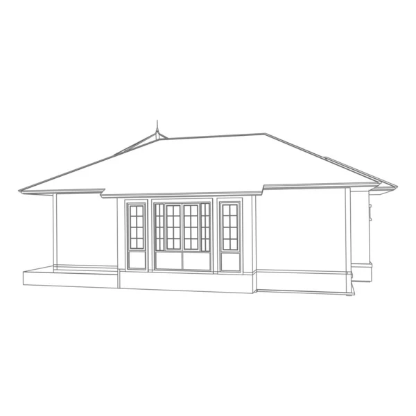 房屋建筑建筑概念草图3D插图。现代建筑外观。蓝图或线框样式 — 图库矢量图片