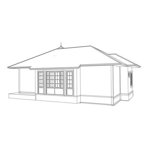 Konsep bangunan rumah sketsa 3d ilustrasi. Eksterior arsitektur modern. Gaya cetak biru atau bingkai-kabel - Stok Vektor