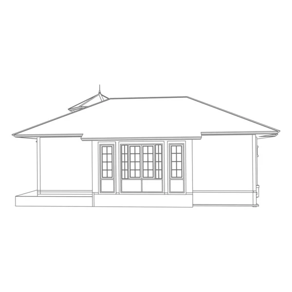 房屋建筑建筑概念草图3D插图。现代建筑外观。蓝图或线框样式 — 图库矢量图片