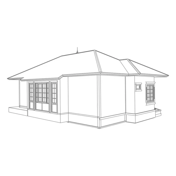 Κατοικία κτίριο αρχιτεκτονική ιδέα σκίτσο 3D εικόνα. σύγχρονο αρχιτεκτονικό εξωτερικό. Σχεδιάγραμμα ή στυλ καλωδίων-καρέ — Διανυσματικό Αρχείο