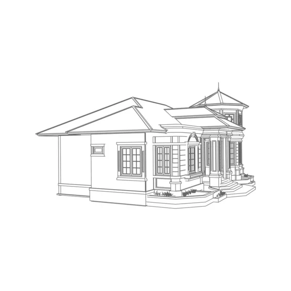 Casa edificio arquitectura concepto boceto 3d ilustración. exterior de arquitectura moderna. Estilo de plano o marco de alambre — Vector de stock