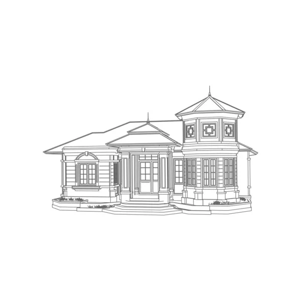 Casa edifício arquitetura conceito esboço ilustração 3d. arquitetura moderna exterior. Blueprint ou estilo Wire-frame — Vetor de Stock