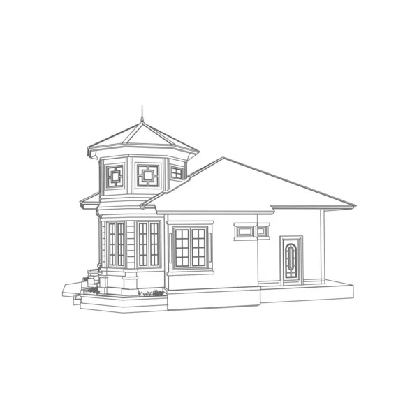 Huis gebouw architectuurconcept schets 3D illustratie. moderne architectuur exterieur. Blauwdruk of draadframe stijl — Stockvector