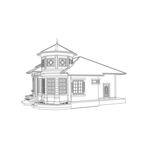 Ház épület építészet koncepció vázlat 3D illusztráció. modern építészet külső. Terv vagy drótváz stílus — Stock Vector