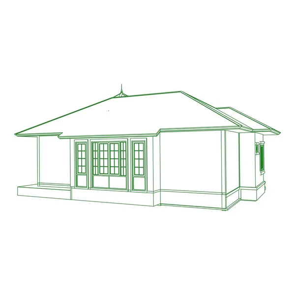 Casa edificio arquitectura concepto boceto 3d ilustración. exterior de arquitectura moderna. Estilo de plano o marco de alambre — Vector de stock