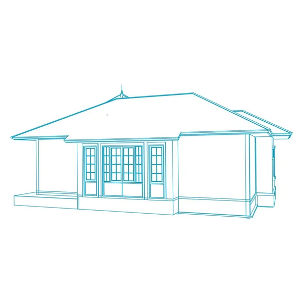 住宅建築コンセプトスケッチ3Dイラスト。近代的な建築の外観。ブループリントまたはワイヤフレームスタイル — ストックベクタ