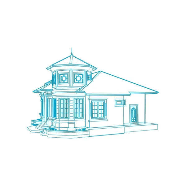 Koncepce architektury domovní budovy nákres 3D ilustrace. moderní architektura. Styl modtismu nebo drátěného rámu — Stockový vektor