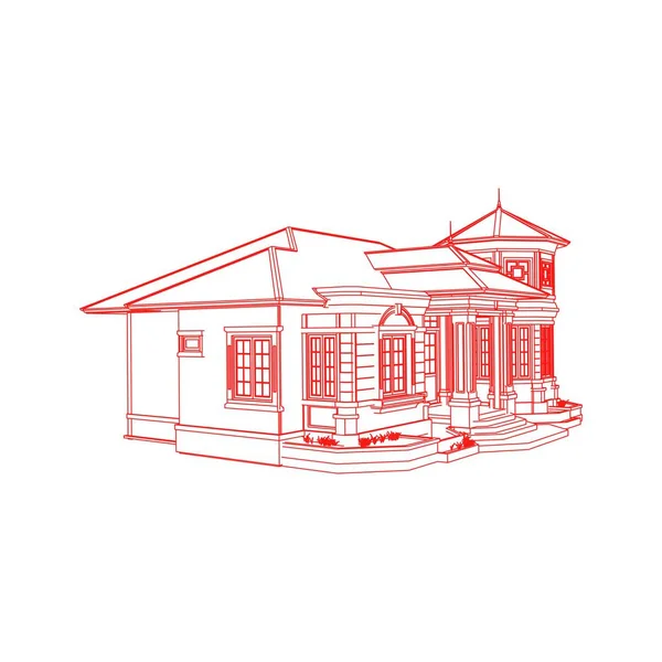 Koncepce architektury domovní budovy nákres 3D ilustrace. moderní architektura. Styl modtismu nebo drátěného rámu — Stockový vektor