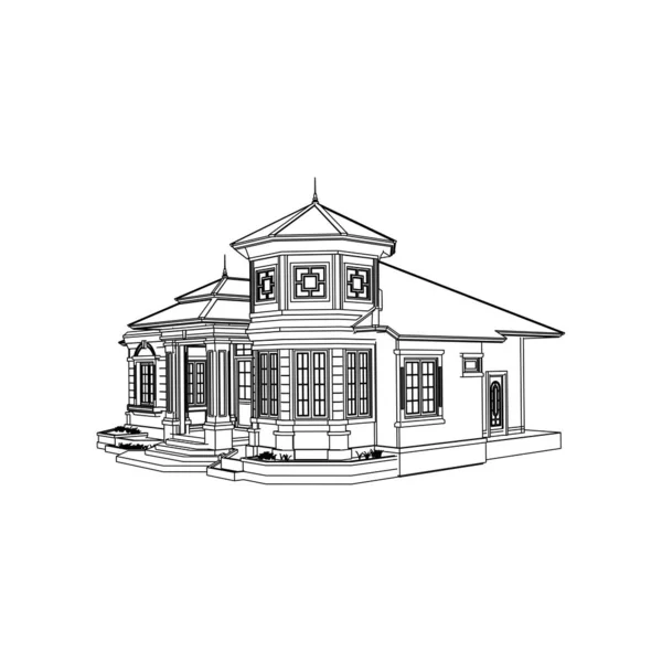 घर इमारत आर्किटेक्चर संकल्पना स्केच 3 डी स्पष्टीकरण. आधुनिक वास्तुकला बाह्य. ब्लूप्रिंट किंवा वायर-फ्रेम शैली — स्टॉक व्हेक्टर