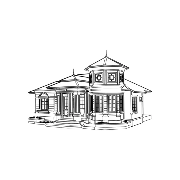 घर इमारत आर्किटेक्चर संकल्पना स्केच 3 डी स्पष्टीकरण. आधुनिक वास्तुकला बाह्य. ब्लूप्रिंट किंवा वायर-फ्रेम शैली — स्टॉक व्हेक्टर