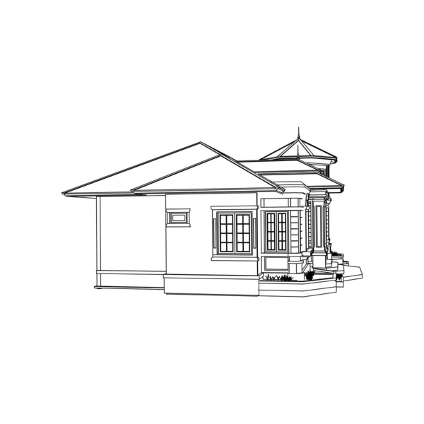 Konsep bangunan rumah sketsa 3d ilustrasi. Eksterior arsitektur modern. Gaya cetak biru atau bingkai-kabel - Stok Vektor