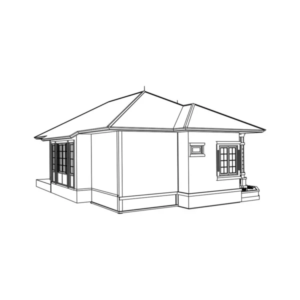 房屋建筑建筑概念草图3D插图。现代建筑外观。蓝图或线框样式 — 图库矢量图片