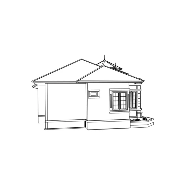 Konsep bangunan rumah sketsa 3d ilustrasi. Eksterior arsitektur modern. Gaya cetak biru atau bingkai-kabel - Stok Vektor
