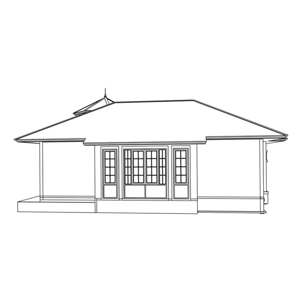 Casa edificio architettura concetto schizzo 3d illustrazione. architettura moderna esterna. Schema o stile Wire-frame — Vettoriale Stock