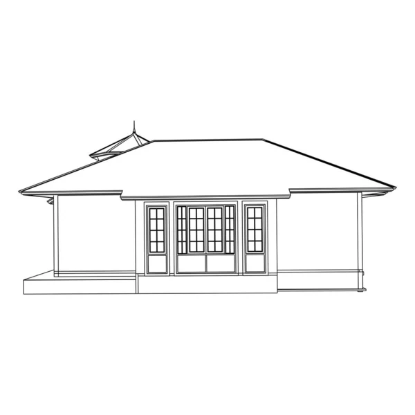 房屋建筑建筑概念草图3D插图。现代建筑外观。蓝图或线框样式 — 图库矢量图片