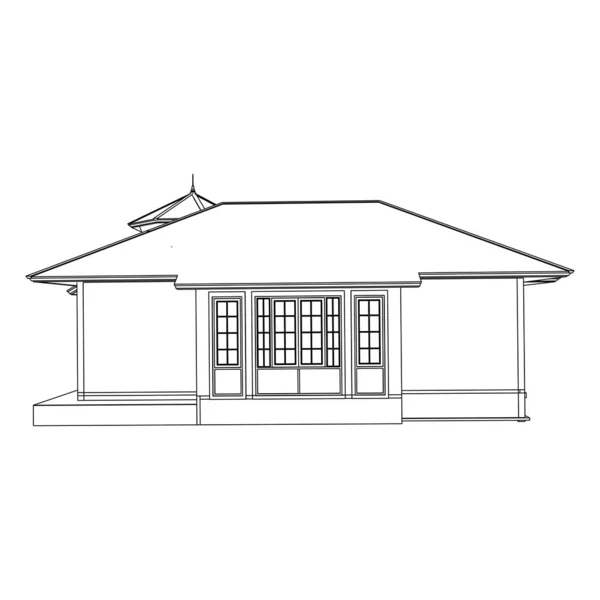 房屋建筑建筑概念草图3D插图。现代建筑外观。蓝图或线框样式 — 图库矢量图片