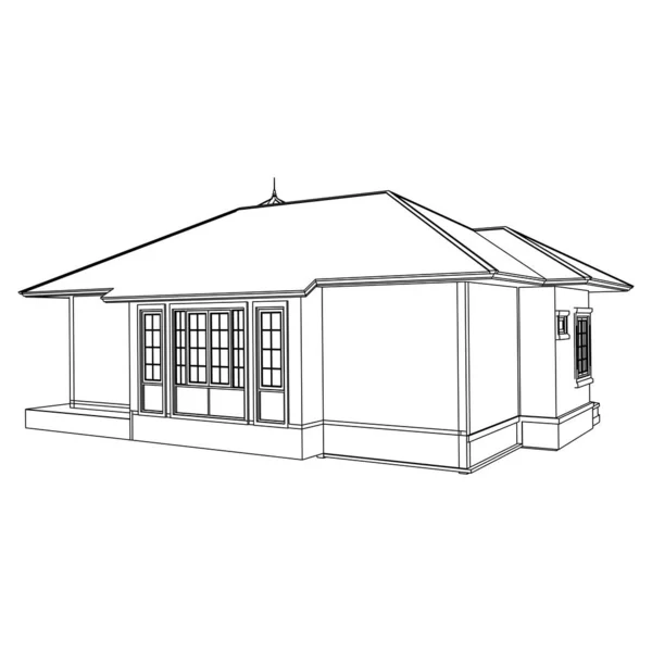 Casa edifício arquitetura conceito esboço ilustração 3d. arquitetura moderna exterior. Blueprint ou estilo Wire-frame — Vetor de Stock