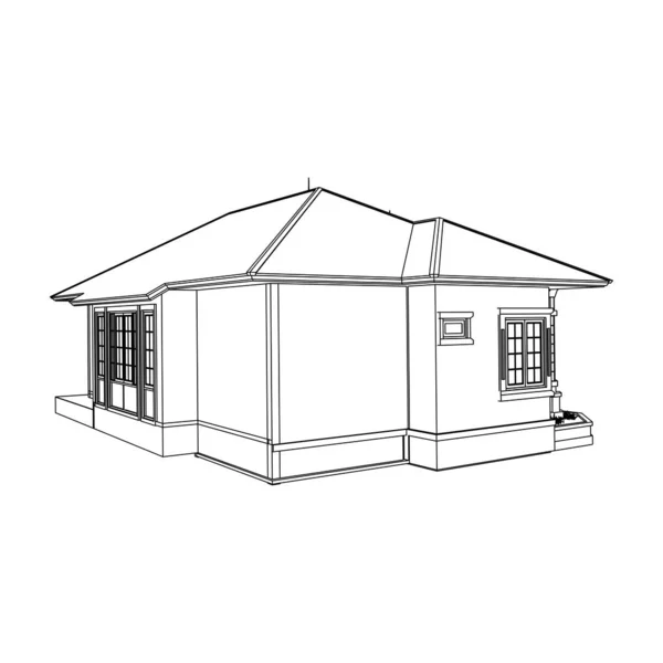 Casa edifício arquitetura conceito esboço ilustração 3d. arquitetura moderna exterior. Blueprint ou estilo Wire-frame —  Vetores de Stock