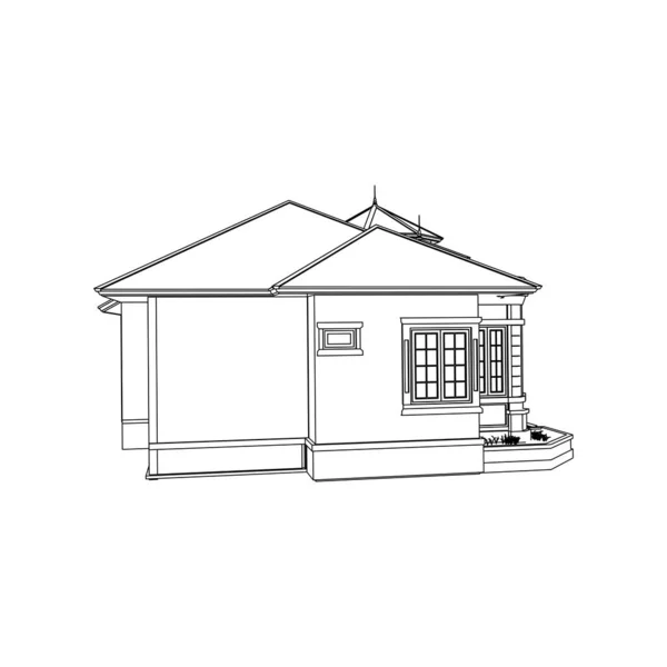 房屋建筑建筑概念草图3D插图。现代建筑外观。蓝图或线框样式 — 图库矢量图片