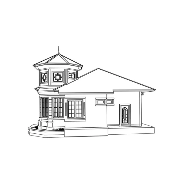 집 건물 건축 개념 스케치 3D 그림입니다. 현대 건축 외관. 청사진 또는 와이어 프레임 스타일 — 스톡 벡터