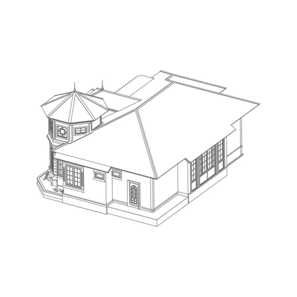住宅建築コンセプトスケッチ3Dイラスト。近代的な建築の外観。アーキテクチャの抽象. — ストックベクタ