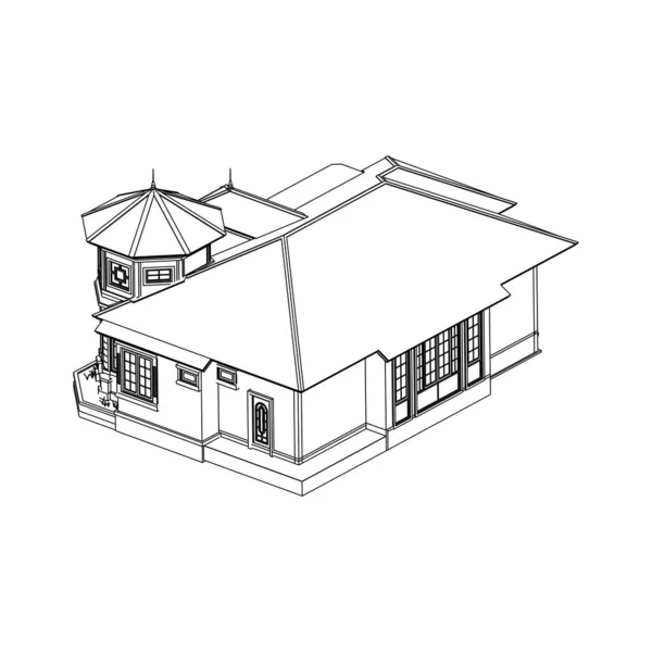 房屋建筑建筑概念草图3D插图。现代建筑外观。建筑摘要. — 图库矢量图片