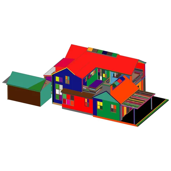 House building architecture concept illustration. Blueprint or Wire-frame style.