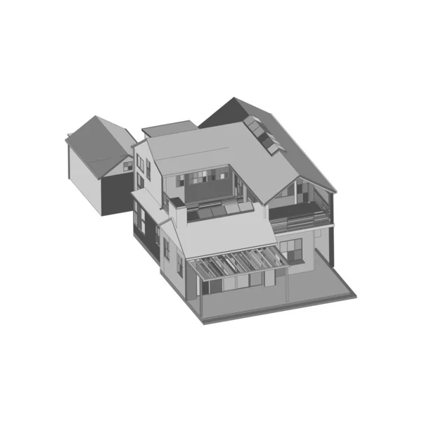 住宅建築建築コンセプトイラスト。ブループリントまたはワイヤフレームスタイル. — ストックベクタ