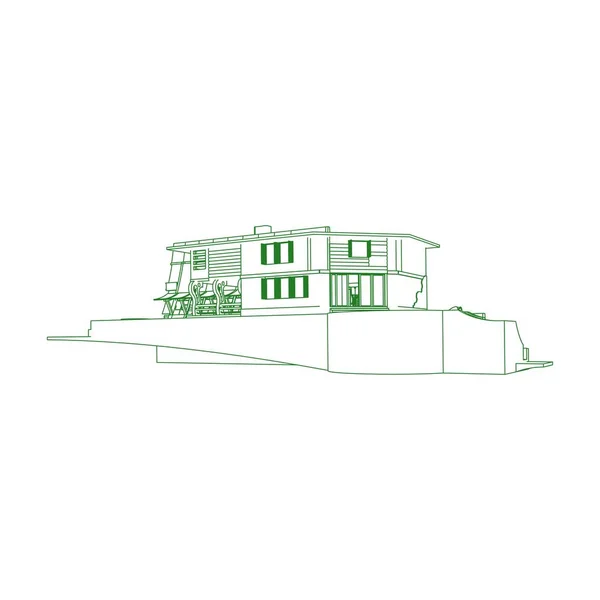 Haus Gebäude Architektur Konzept Illustration. Blaupause oder Drahtgestell-Stil. moderne Architektur außen. Architektur abstrakt. — Stockvektor