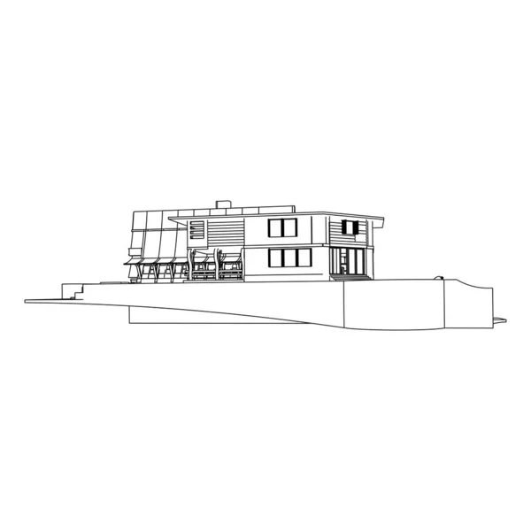 Haus Gebäude Architektur Konzept Illustration. Blaupause oder Drahtgestell-Stil. moderne Architektur außen. Architektur abstrakt. — Stockvektor