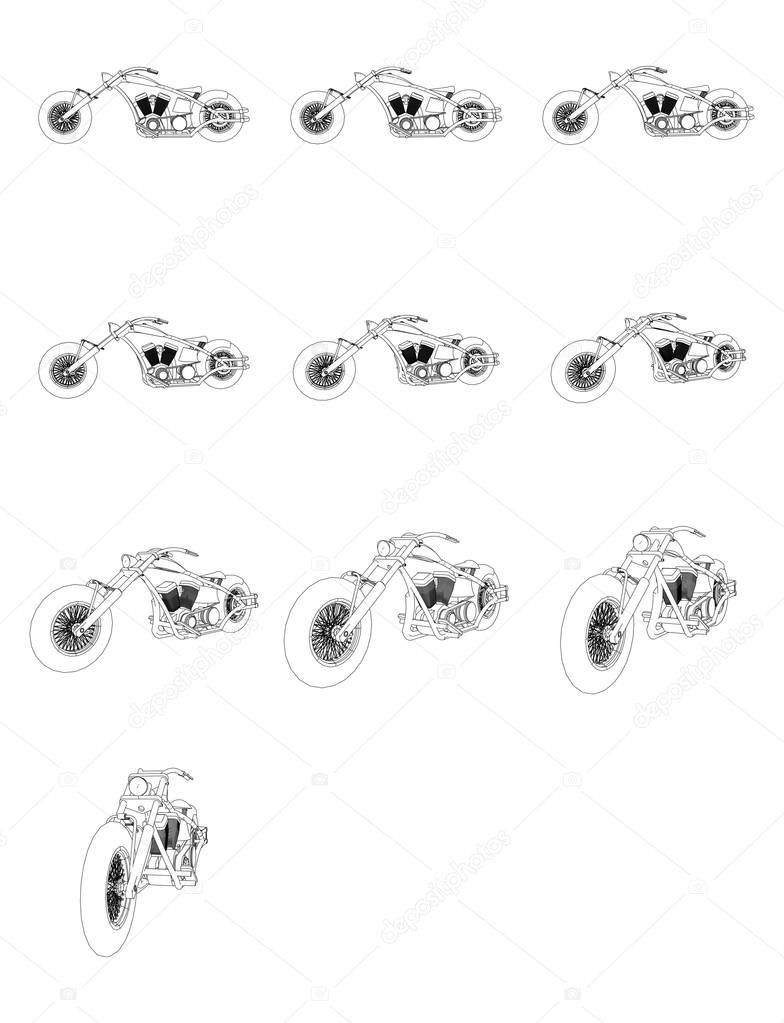Chopper motorcycle front and side view isolated on white background black and white vector illustration