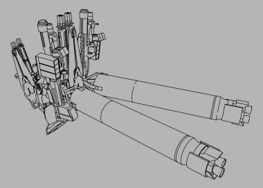 Bilim kurgu mekanik askeri ayakta duruyor. Askeri gelecekçi robot. Mekanik bir pilot tarafından kontrol ediliyor. Kazınmış metal zırh robotu. Mekanik Savaşı.