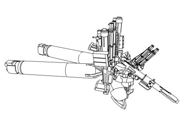 Bilim kurgu mekanik askeri ayakta duruyor. Askeri gelecekçi robot. Mekanik bir pilot tarafından kontrol ediliyor. Kazınmış metal zırh robotu. Mekanik Savaşı.
