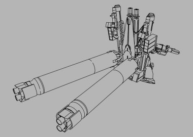 Bilim kurgu mekanik askeri ayakta duruyor. Askeri gelecekçi robot. Mekanik bir pilot tarafından kontrol ediliyor. Kazınmış metal zırh robotu. Mekanik Savaşı.
