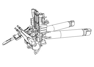 Bilim kurgu mekanik askeri ayakta duruyor. Askeri gelecekçi robot. Mekanik bir pilot tarafından kontrol ediliyor. Kazınmış metal zırh robotu. Mekanik Savaşı.